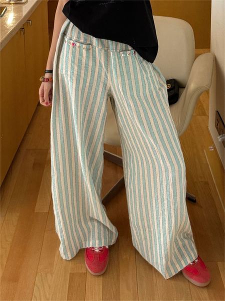 

Loose Casual Striped Polyester Cotton Pants, Blue, Pants