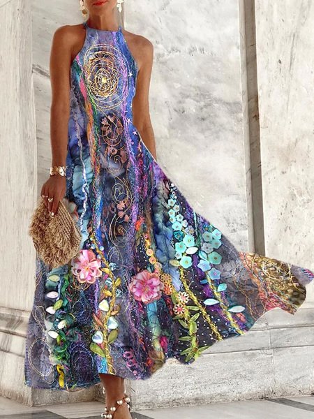 

Women Floral Crew Neck Short Sleeve Comfy Casual Max Dress, Blue, Dresses
