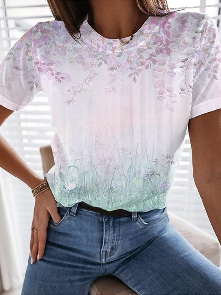 

Casual Leaf Crew Neck Short Sleeve T-shirt, Multicolor, T-shirts