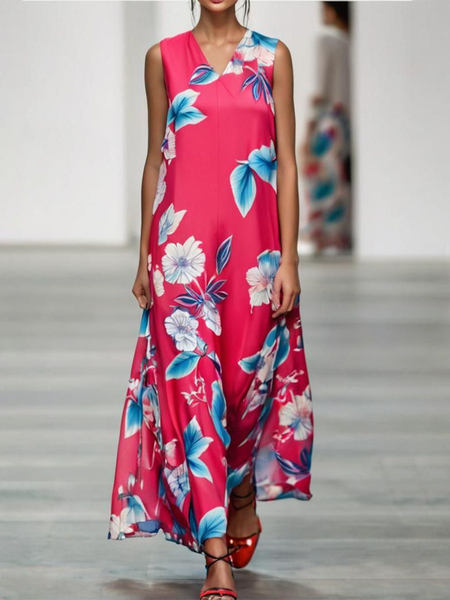 

Women's Sleeveless Summer Floral V Neck Daily Going Out Casual Maxi A-Line Rose Red, Dresses