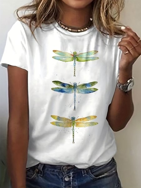 

Casual Dragonfly Crew Neck Short Sleeve T-shirt, White, T-shirts