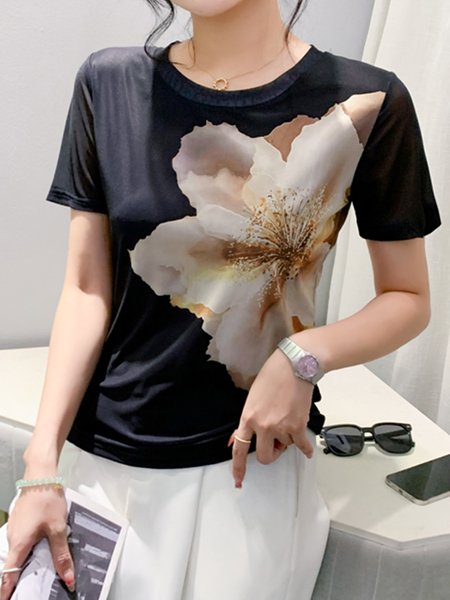 

Crew Neck Floral Loose Daily T-Shirt, Black, Tees