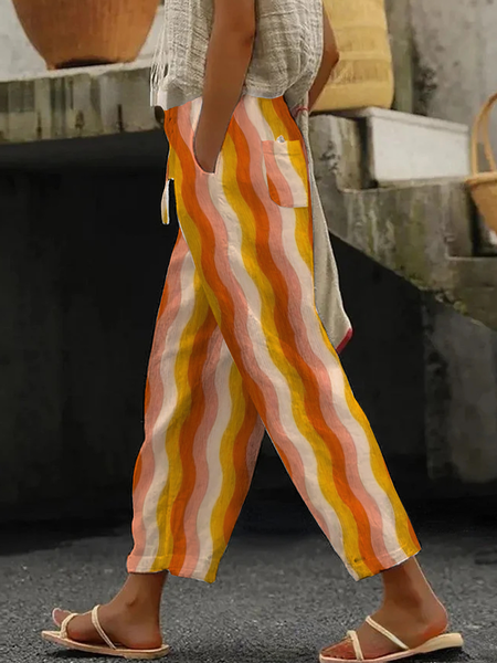 

Casual Striped Long Buckle Pant, Multicolor, Pants