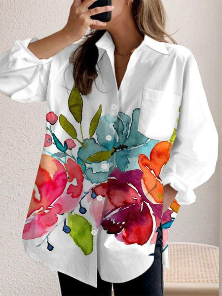 

Women's Long Sleeve Shirt Spring/Fall Floral Shirt Collar Daily Going Out Casual Top White, Shirts