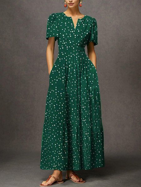 

Women's Short Sleeve Summer Polka Dots Notched Party Going Out Vintage Maxi A-Line Green, Dresses