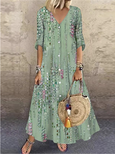 

Women's Half Sleeve Summer Geometric Buckle V Neck Daily Going Out Casual Maxi H-Line Green, Dresses