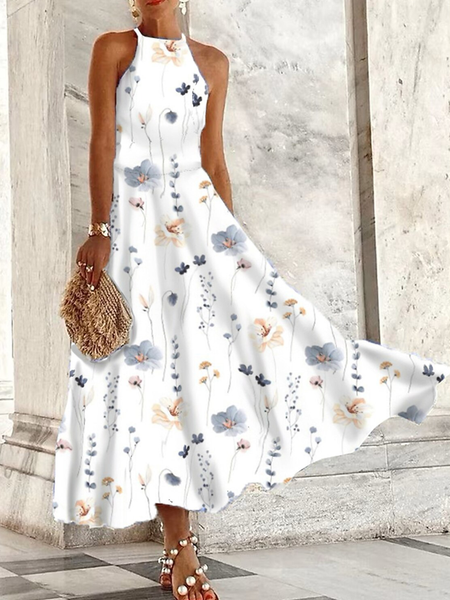 

Women Floral Spaghetti Sleeveless Comfy Casual Maxi Dress, White, Dresses