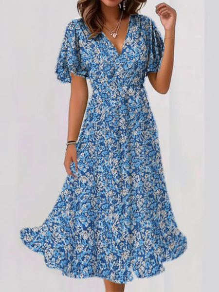 

Women's Short Sleeve Summer Floral V Neck Daily Going Out Casual Midi X-Line Light Blue, Dresses