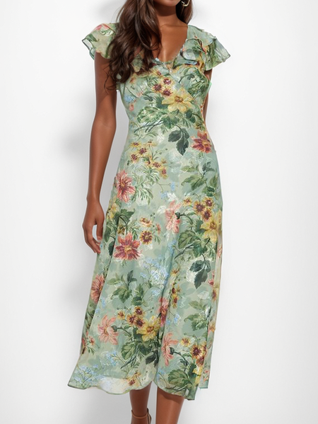 

Women's Short Sleeve Summer Floral V Neck Party Going Out Vacation Maxi X-Line Green, Dresses