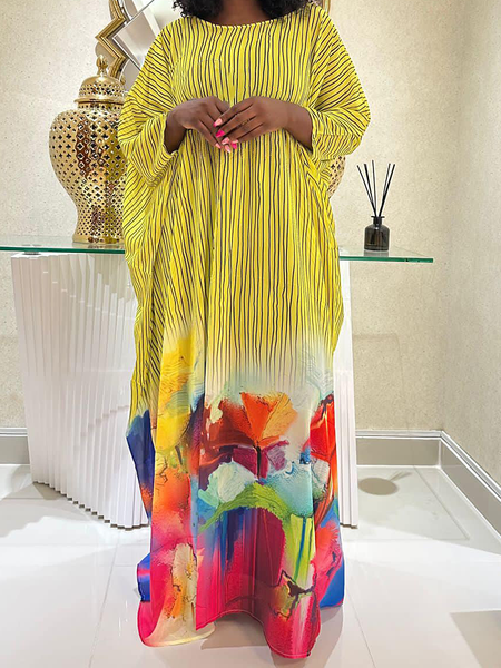 

Striped Crew Neck Half Sleeve Loose Urban Maxi Dress, As picture, Maxi Dresses