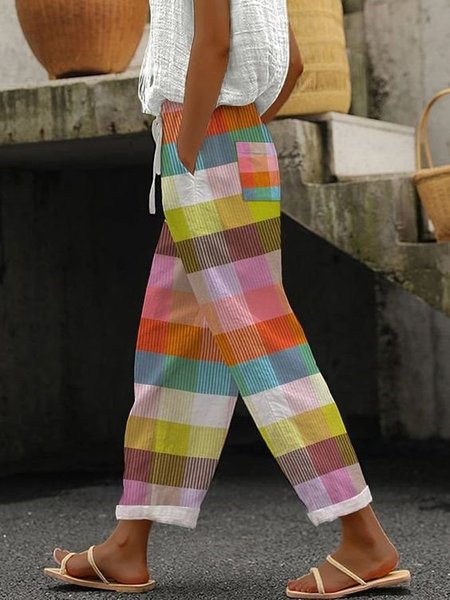 

Casual Plaid Long Buckle Pant, Multicolor, Pants
