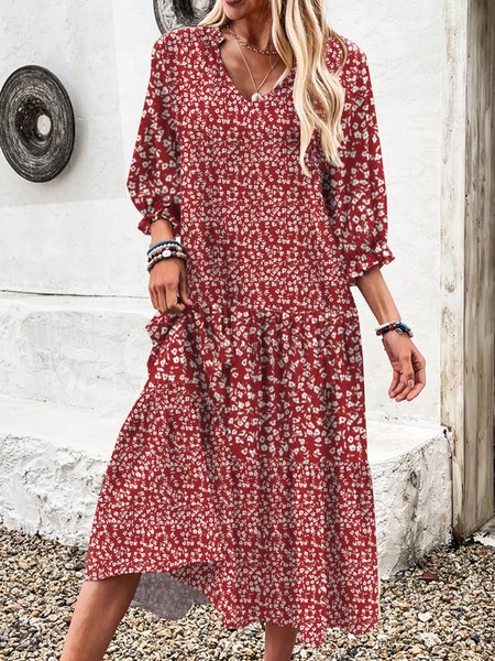 

Women Ditsy Floral V Neck Three Quarter Sleeve Comfy Casual Maxi Dress, Wine red, Dresses