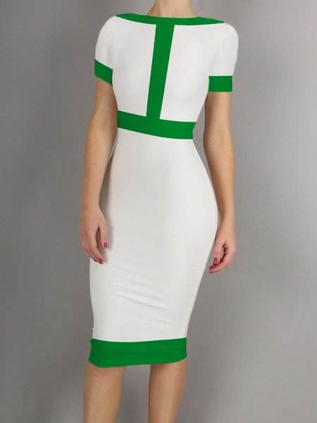 

Color Block Tight Elegant Boat Neck Dress, White, Midi Dresses