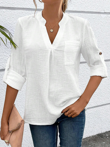 

Notched Three Quarter Sleeve Plain Regular Loose Blouse For Women, White, Blouses