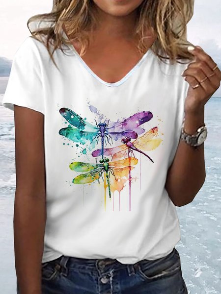 

Casual Dragonfly Crew Neck Short Sleeve T-shirt, White, T-shirts