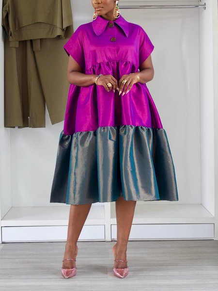 

Elegant Shirt Collar Color Block Short Sleeve Midi Dress, Deep pink, Midi Dresses