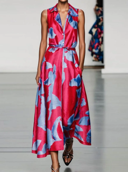 

Women Floral Shirt Collar Short Sleeve Comfy Casual Maxi Dress, Red, Dresses