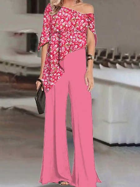 

Women Floral Half Sleeve Comfy Casual Top With Pants Two-Piece Set, Red, Sets