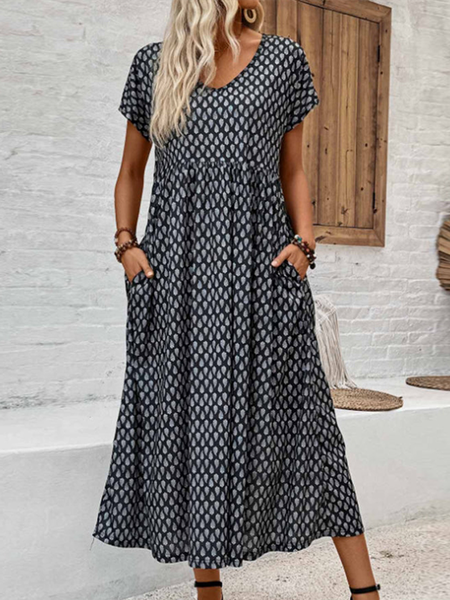 

Women's Short Sleeve Summer Geometric Crew Neck Daily Going Out Casual Maxi A-Line Black, Dresses