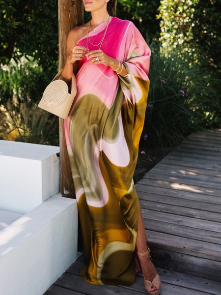 

Vacation Loose Abstract One Shoulder Dress, As picture, Maxi Dresses