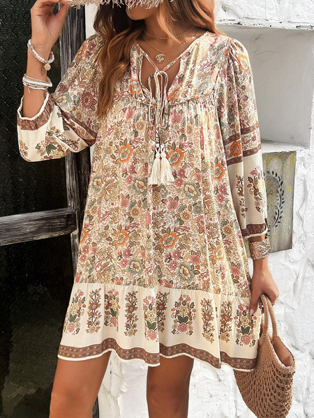 

Women's Three Quarter Sleeve Spring/Fall Ethnic Notched Daily Going Out Vacation Mini H-Line Khaki Dress, Dresses