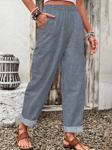 

Casual Striped Long Elastic Waist Pant, Blue, Pants