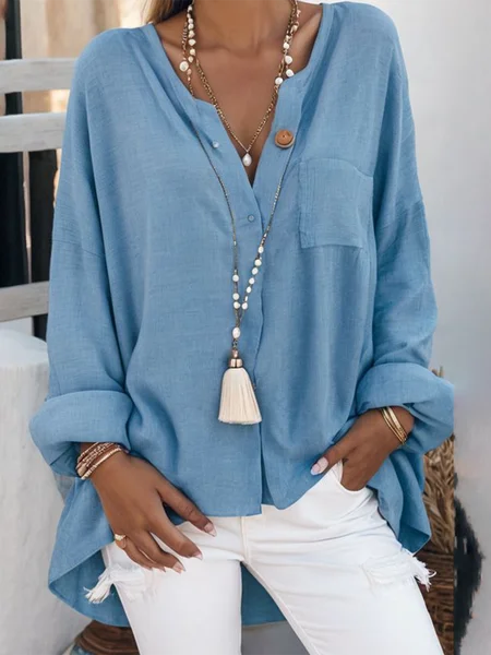 

Women's Long Sleeve Shirt Spring/Fall Light Blue Plain Crew Neck Daily Going Out Simple Top, Blouses & Shirts