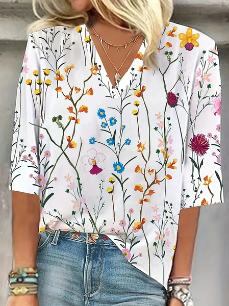 

Floral Casual Loose Shirt, White, Blouses & Shirts