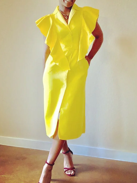 

Elegant Loose Lapel Collar Short Sleeve Midi Dress, Yellow, Midi Dresses
