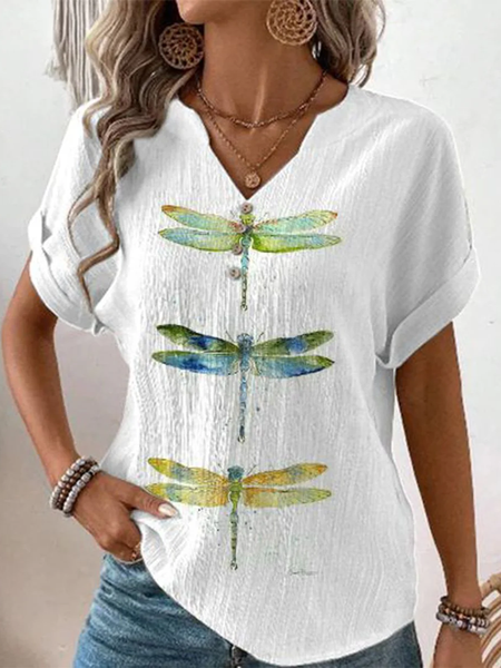

Notched Short Sleeve Butterfly Regular Loose Blouse For Women, White, Blouses