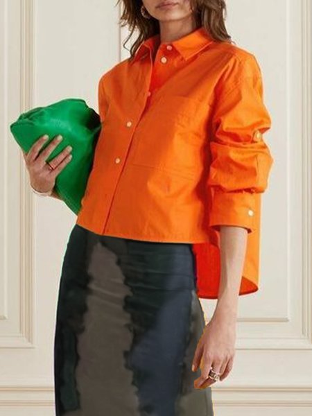

Urban Plain Shirt Collar Pocket Stitching Shirt, Orange, Blouses and Shirts