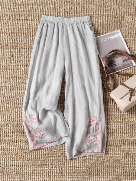 

Embroidery Patterns Cotton Casual Pants, Gray, Pants