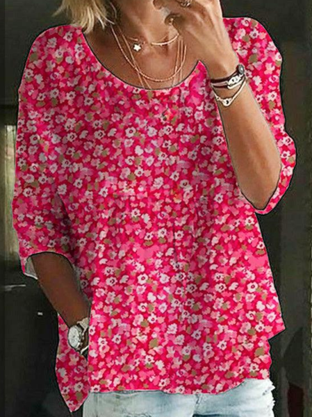 

Crew Neck Three Quarter Sleeve Floral Regular Loose Blouse For Women, Red, Blouses