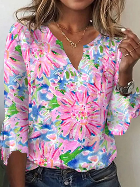 

Notched Half Sleeve Floral Regular Loose Blouse For Women, Pink, T-shirts