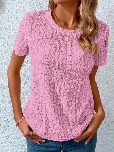 Crew Neck Short Sleeve Plain Regular Loose Blouse For Women, Pink, Blouses