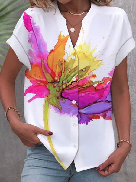 

Short Sleeve Floral Regular Loose Shirt For Women, White, Blouses
