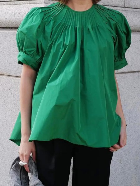 

Crew Neck Daily Loose Cotton Plain Blouse, Green, Blouses and Shirts