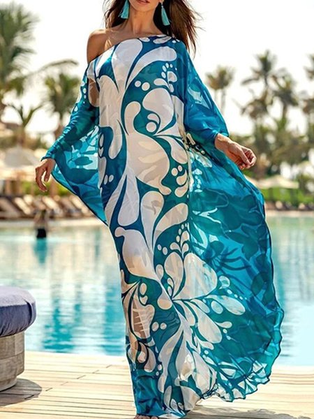 

Loose Vacation Asymmetrical Printing Dress, As picture, Maxi Dresses