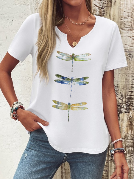 

Casual Dragonfly Notched Short Sleeve T-shirt, White, T-shirts