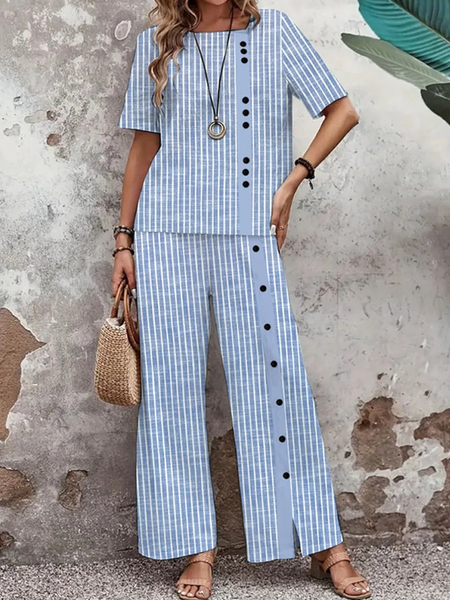 

Crew Neck Striped Casual Two-Piece Set, Blue, Suits