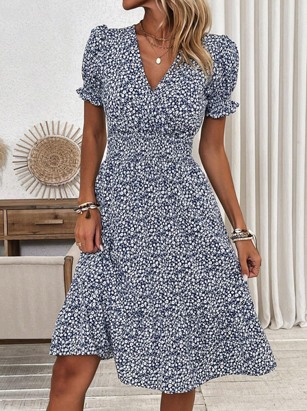 

Women's Half Sleeve Summer Ditsy Floral V Neck Daily Going Out Casual Knee Length H-Line Blue Dress, Dresses