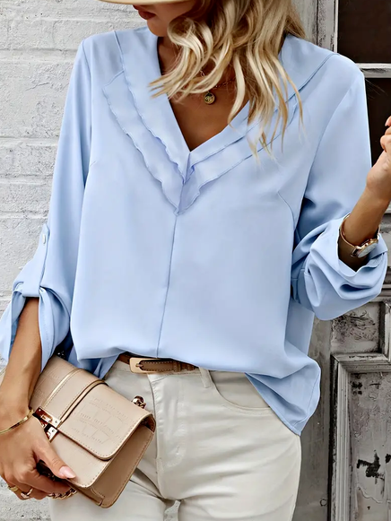 

Plain Loose Casual Lotus Leaf Collar Shirt, Blue, Blouses & Shirts