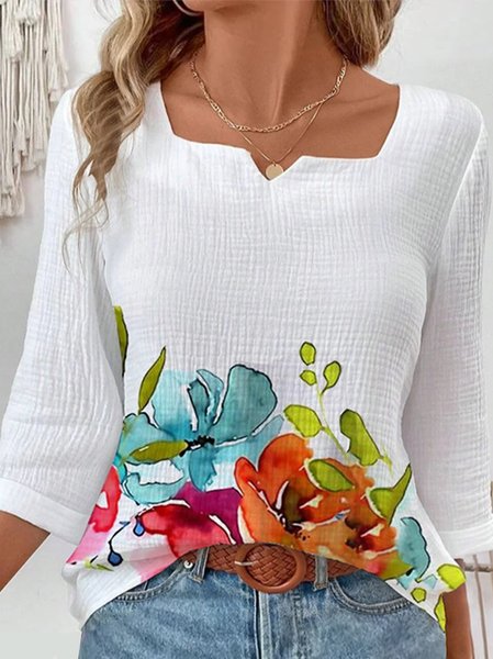 

Notched Three Quarter Sleeve Floral Regular Loose Blouse For Women, White, Blouses
