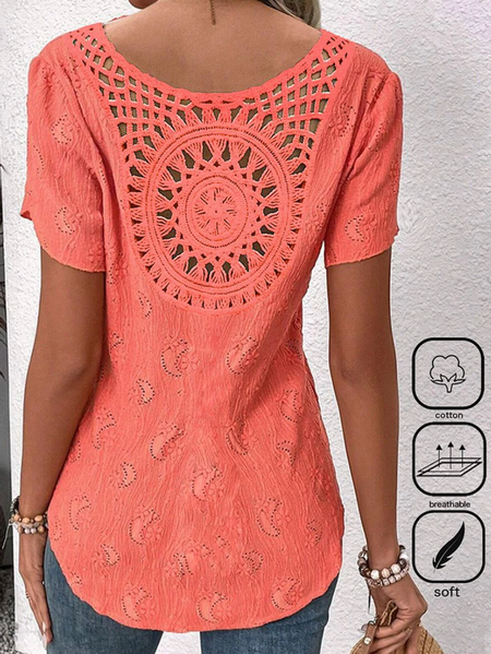 

Women's Short Sleeve Blouse Summer Plain Lace Cotton Notched Daily Going Out Casual Top Orange Red, Blouses