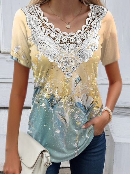 

V Neck Short Sleeve Floral Regular Micro-Elasticity Loose Blouse For Women, Blue, Blouses