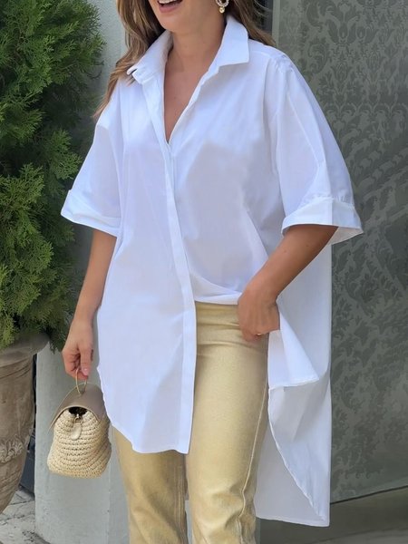 

Cotton Casual Shirt Collar Loose Shirt, White, Blouses and Shirts