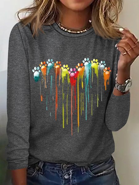 

Jersey Loose Heart/Cordate Casual T-Shirt, Gray, Long sleeves