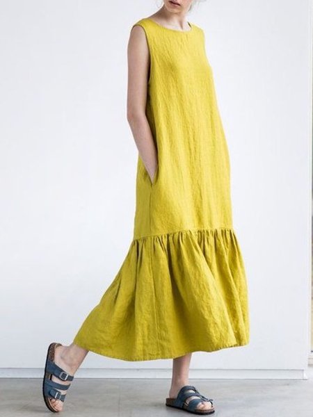 

Casual Daily Sleeveless Loose Plain Pockets Dress, Yellow, Maxi Dresses
