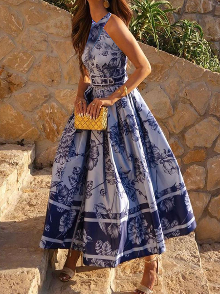 

Regular Fit Floral Elegant Sleeveless Dress With Belt, Blue, Maxi Dresses