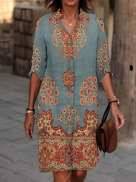 

Women's Half Sleeve Summer Floral V Neck Daily Going Out Casual Knee Length H-Line Lake Blue, Dresses